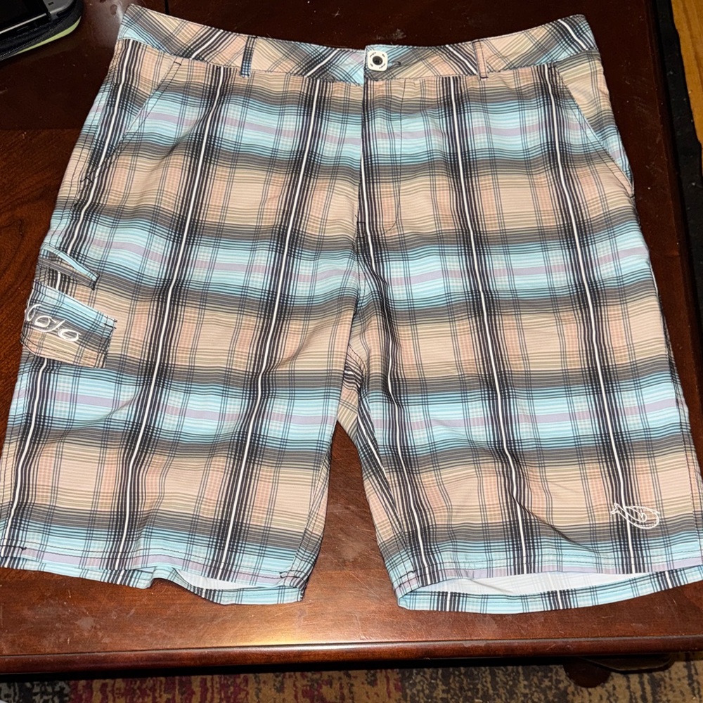 Mojo Aqua and Tan Plaid Board Shorts size 36